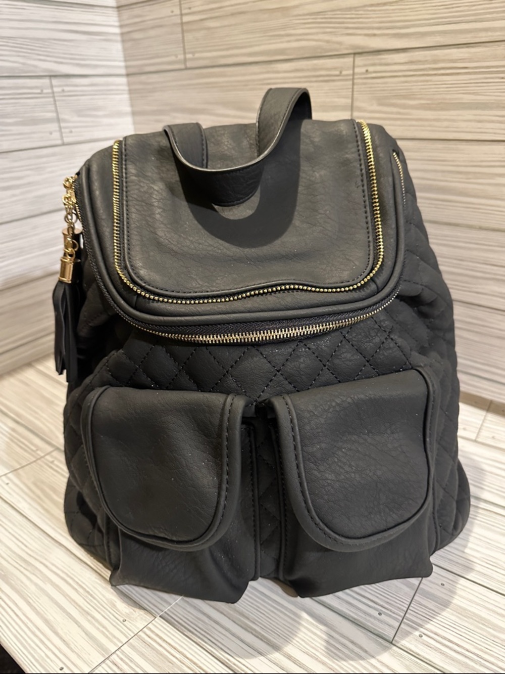 Quilted Embroidered Black Backpack Mini
